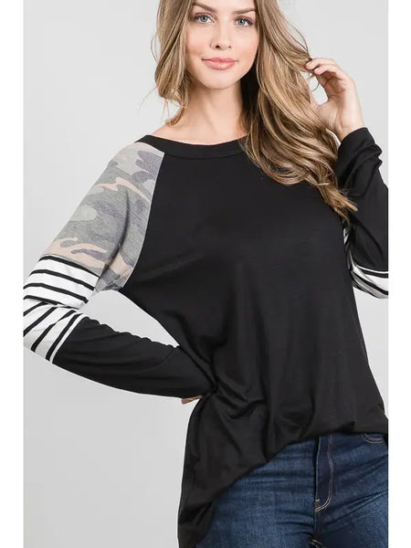 Long sleeve round neck camo and stripe print contrast top