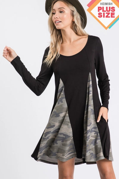 LONG SLEEVE ROUND NECK SOLID AND CAMO PRINT CONTRAST DRESS